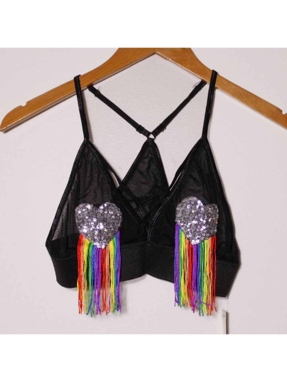 Rainbow Tassel Silver Sequined Heart Black Sheer Bralette Pride Festival S/M
